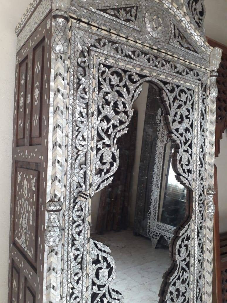 Handmade Syrian Armoire, White Mother of Pearl Inlay, Moroccan Bone Decor