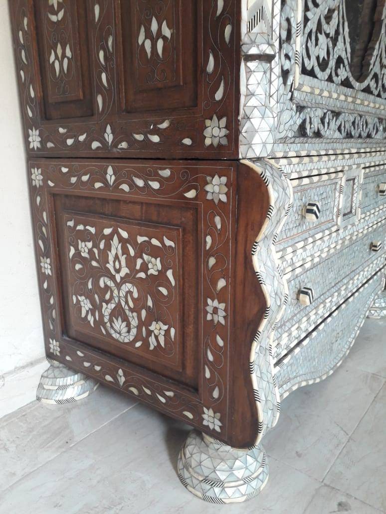 Handmade Syrian Armoire, White Mother of Pearl Inlay, Moroccan Bone Decor