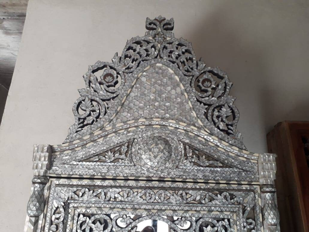 Handmade Syrian Armoire, White Mother of Pearl Inlay, Moroccan Bone Decor