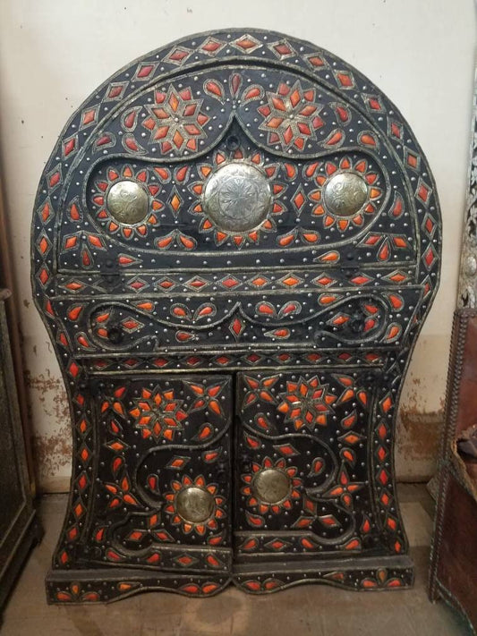 Handmade Moroccan Bar Cabinet: Silver Metal & Camel Bone Inlay, Rustic Home Decor