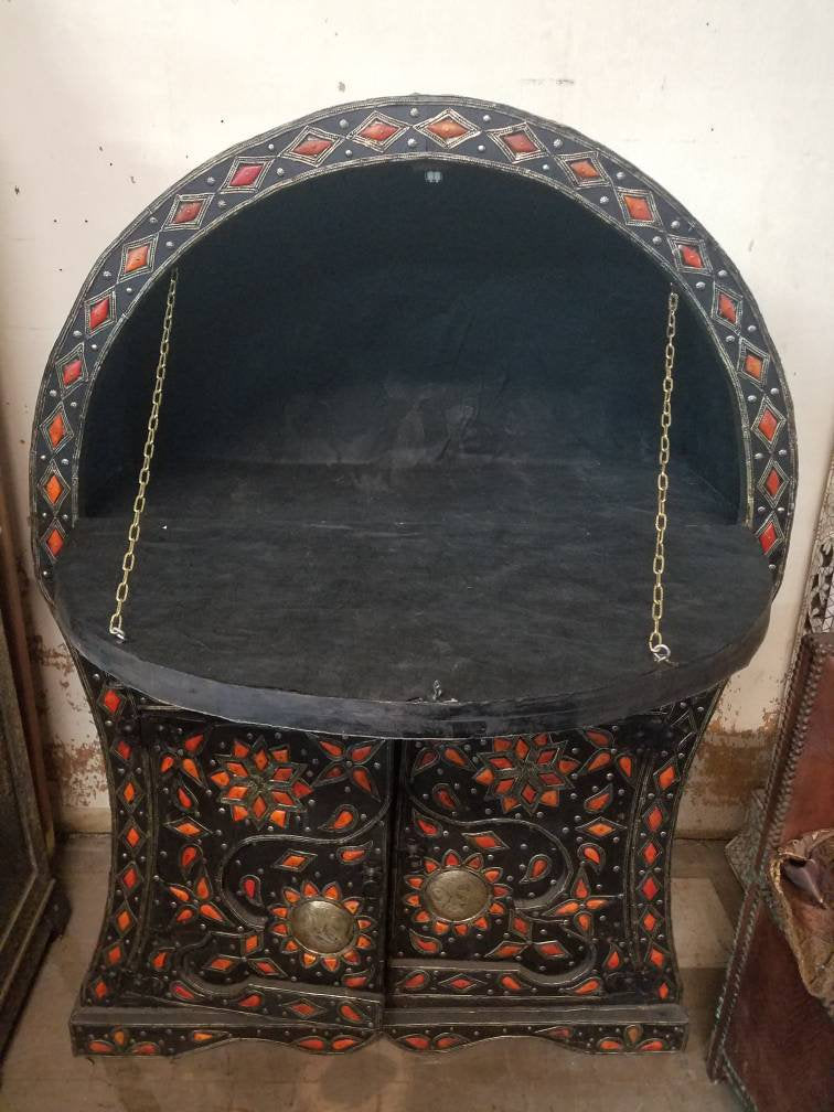 Handmade Moroccan Bar Cabinet: Silver Metal & Camel Bone Inlay, Rustic Home Decor