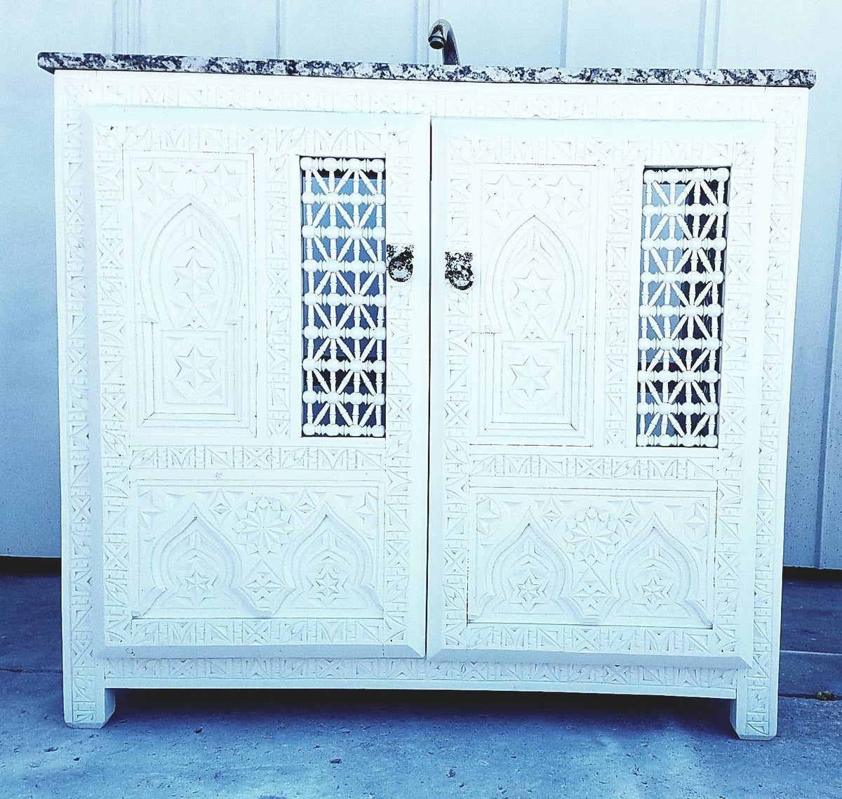 Handmade Moroccan Bathroom Vanity Cabinet, Marble Top, Silver Faucet