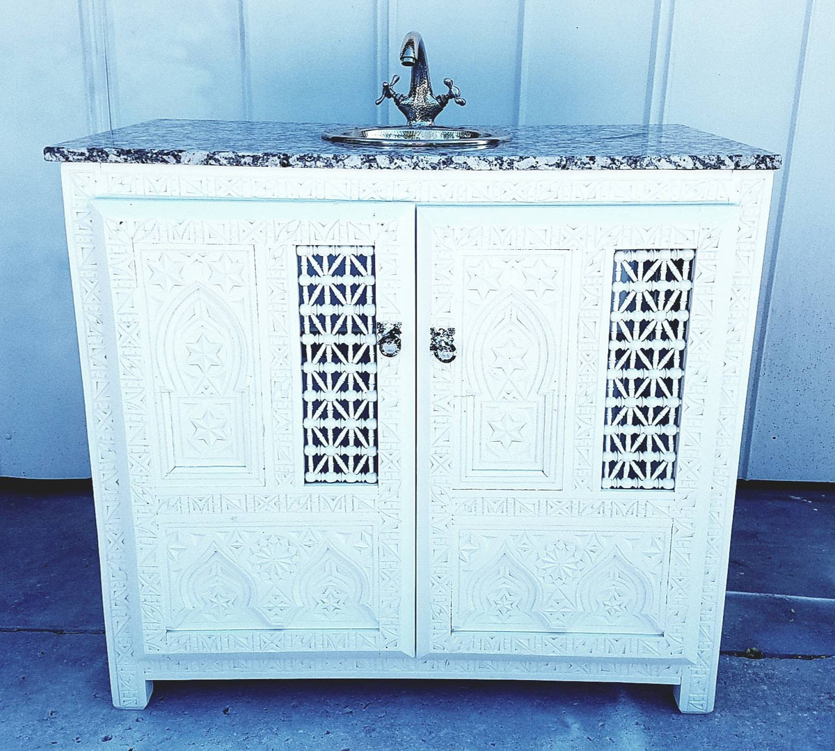 Handmade Moroccan Bathroom Vanity Cabinet, Marble Top, Silver Faucet