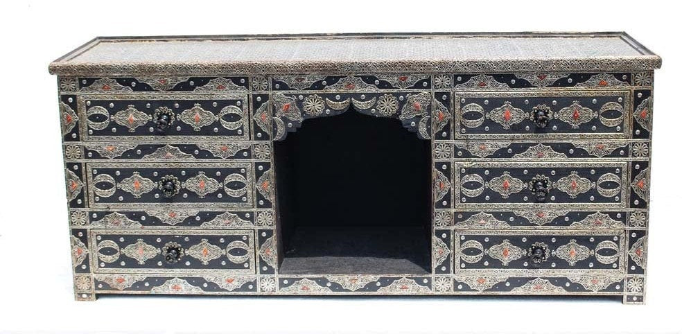 Handmade Moroccan Silver Metal Cabinet, Wood Buffet with Drawers