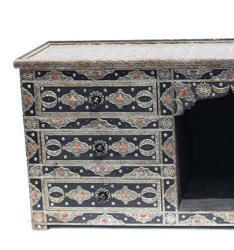 Handmade Moroccan Silver Metal Cabinet, Wood Buffet with Drawers