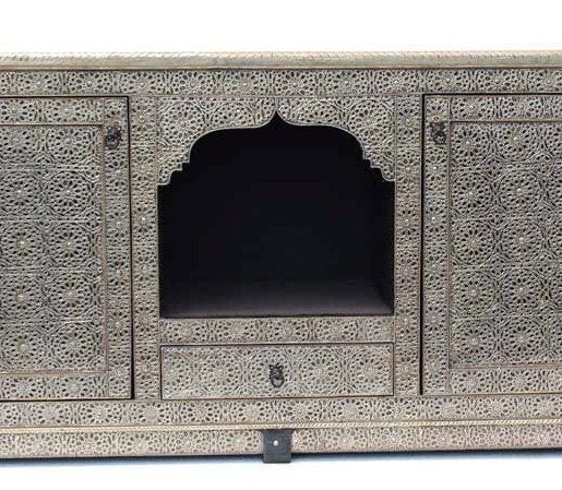 Handmade Moroccan Cabinet: Silver Metal & Wood, Buffet Furniture