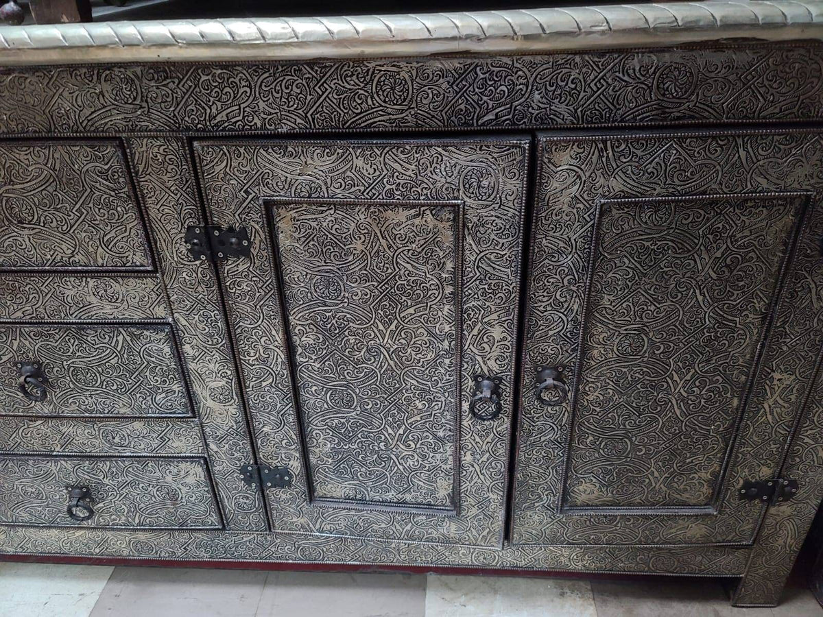 Handmade Silver Metal Cabinet: Moroccan Dresser, Door Panels (72" Long)