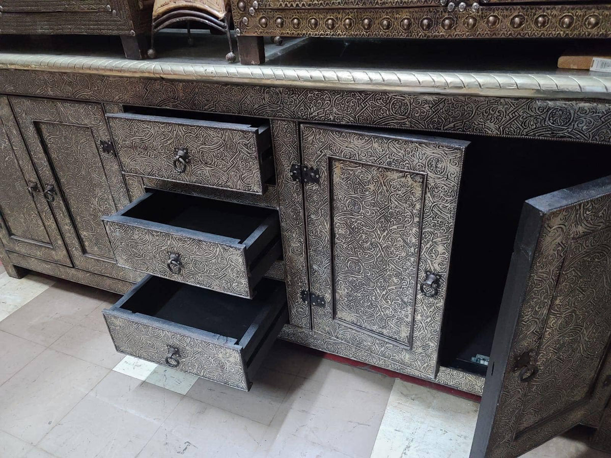 Handmade Silver Metal Cabinet: Moroccan Dresser, Door Panels (72" Long)