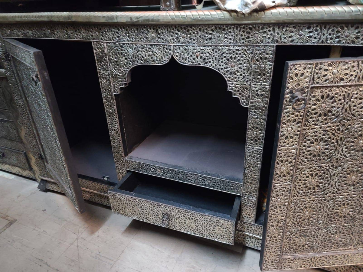 Handmade Moroccan Cabinet: Silver Metal & Wood, Buffet Furniture