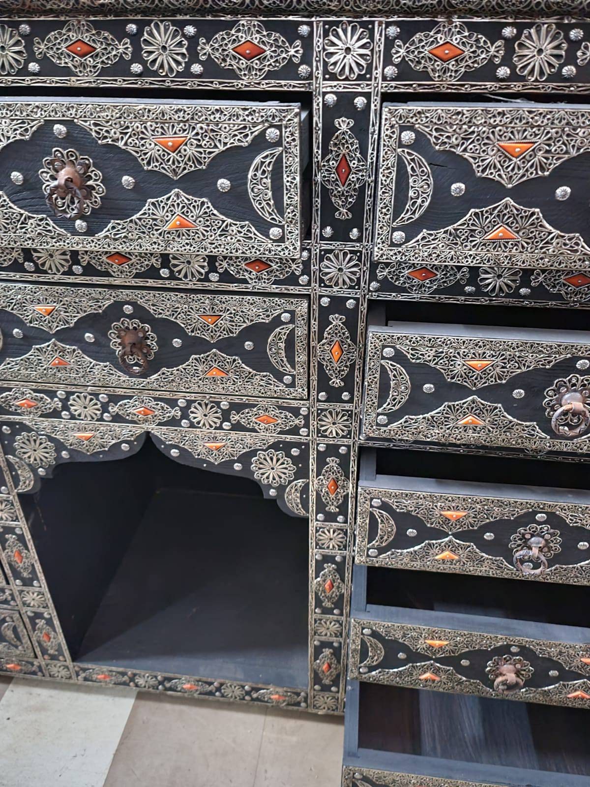 Handmade Moroccan Silver Metal 10-Drawer Cabinet: Ethnic Wood Buffet