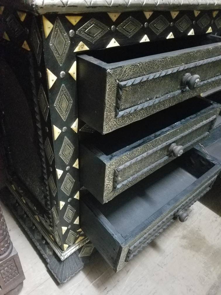 Handmade Moroccan Silver Metal Cabinet: Bone Inlay Buffet Furniture