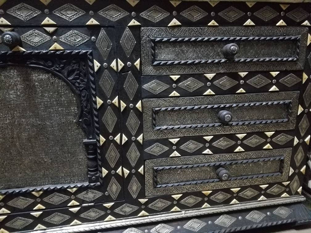 Handmade Moroccan Silver Metal Cabinet: Bone Inlay Buffet Furniture