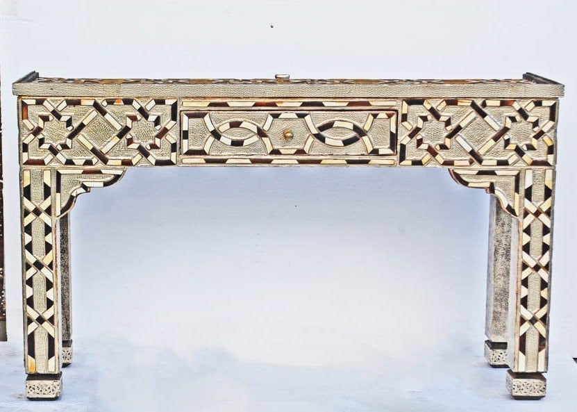 Vintage Moroccan Bone Inlay Console Table with Mirror
