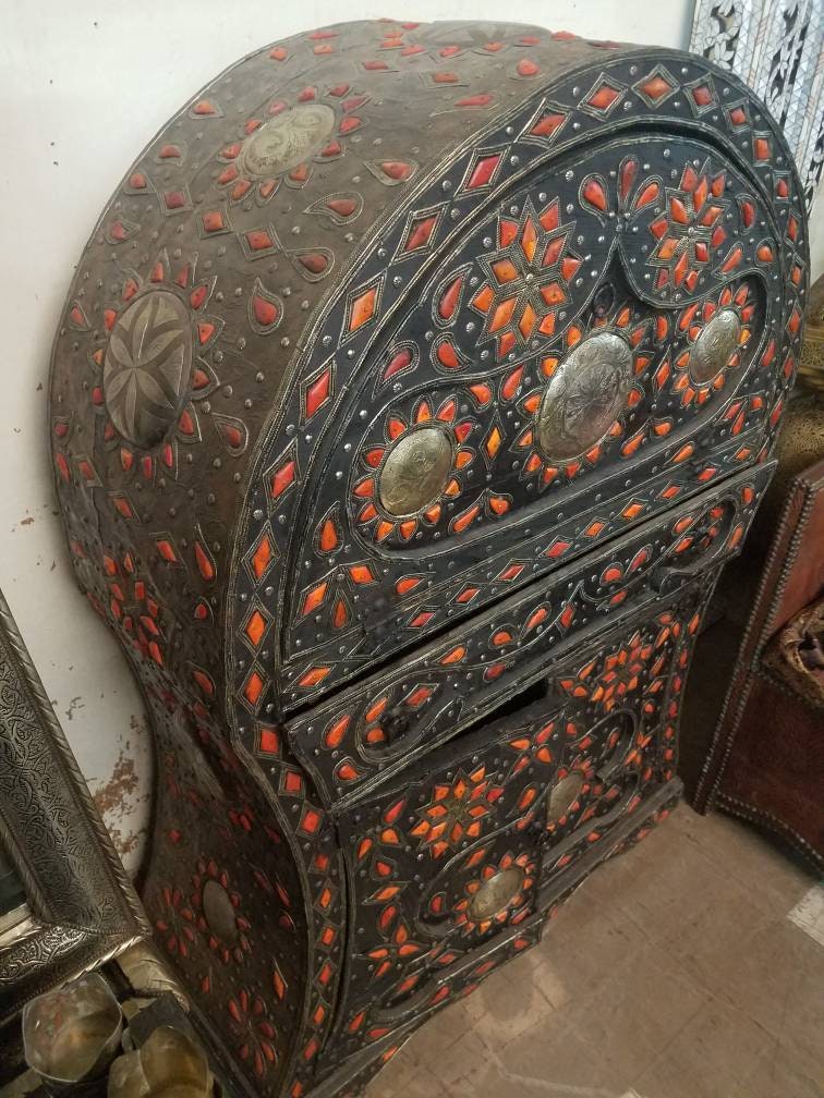 Handmade Moroccan Bar Cabinet: Silver Metal & Camel Bone Inlay, Rustic Home Decor