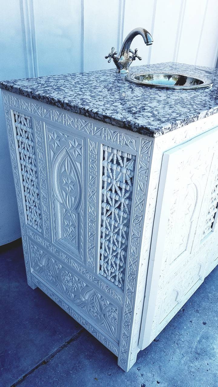 Handmade Moroccan Bathroom Vanity Cabinet, Marble Top, Silver Faucet