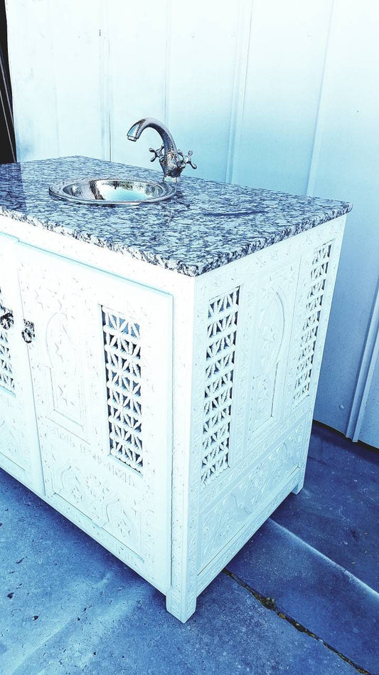 Handmade Moroccan Bathroom Vanity Cabinet, Marble Top, Silver Faucet