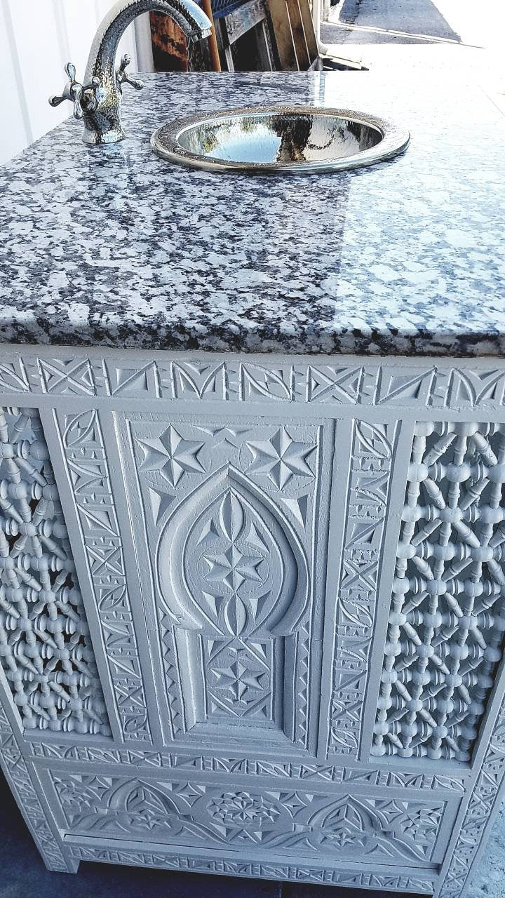 Handmade Moroccan Bathroom Vanity Cabinet, Marble Top, Silver Faucet