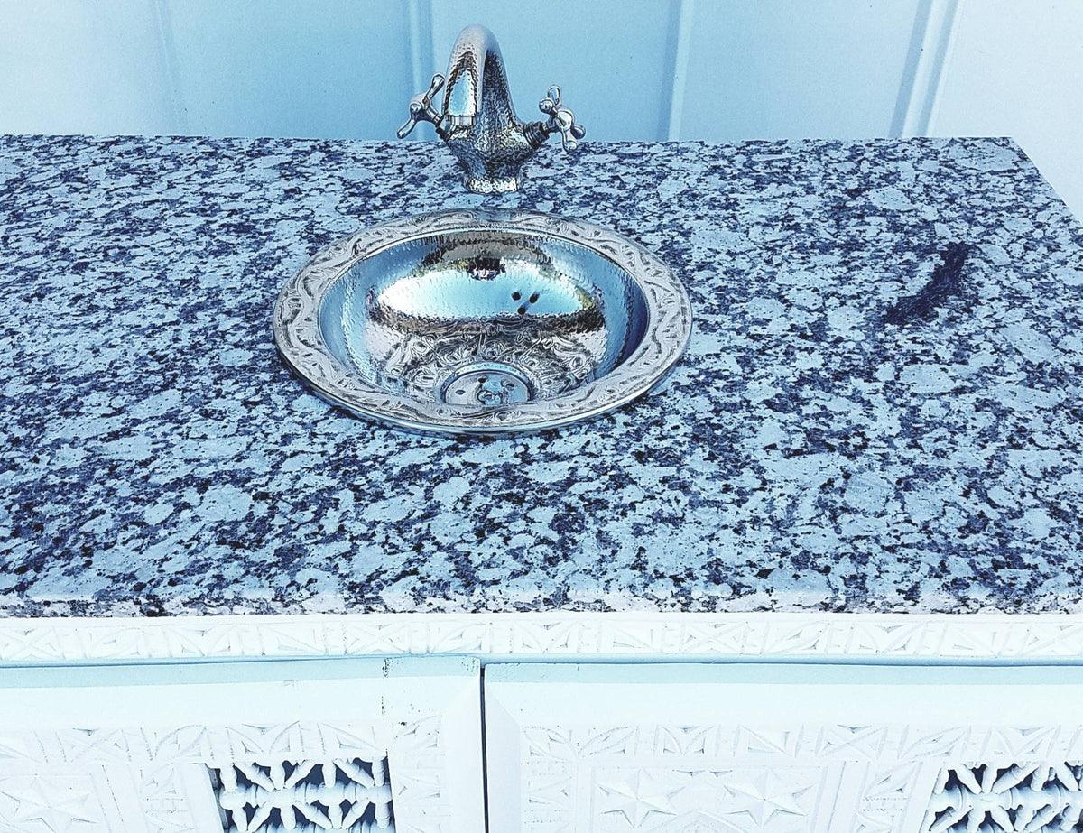 Handmade Moroccan Bathroom Vanity Cabinet, Marble Top, Silver Faucet