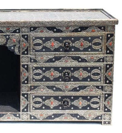Handmade Moroccan Silver Metal Cabinet, Wood Buffet with Drawers