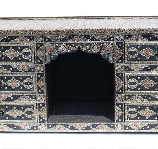 Handmade Moroccan Silver Metal Cabinet, Wood Buffet with Drawers