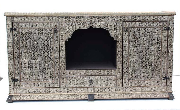 Handmade Moroccan Cabinet: Silver Metal & Wood, Buffet Furniture