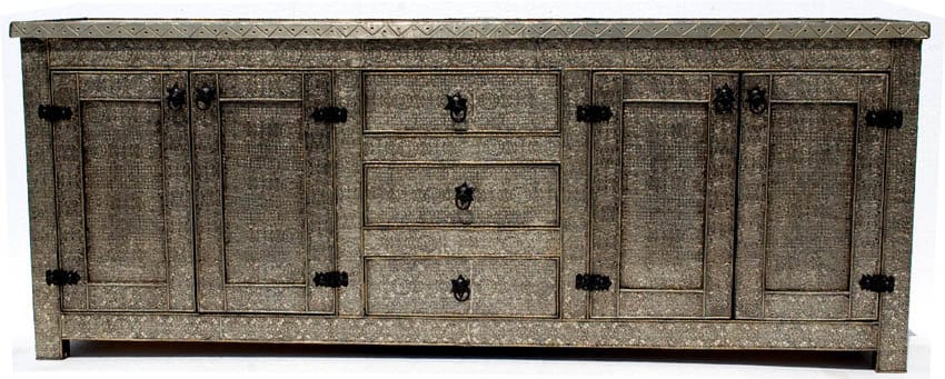 Handmade Silver Metal Cabinet: Moroccan Dresser, Door Panels (72" Long)