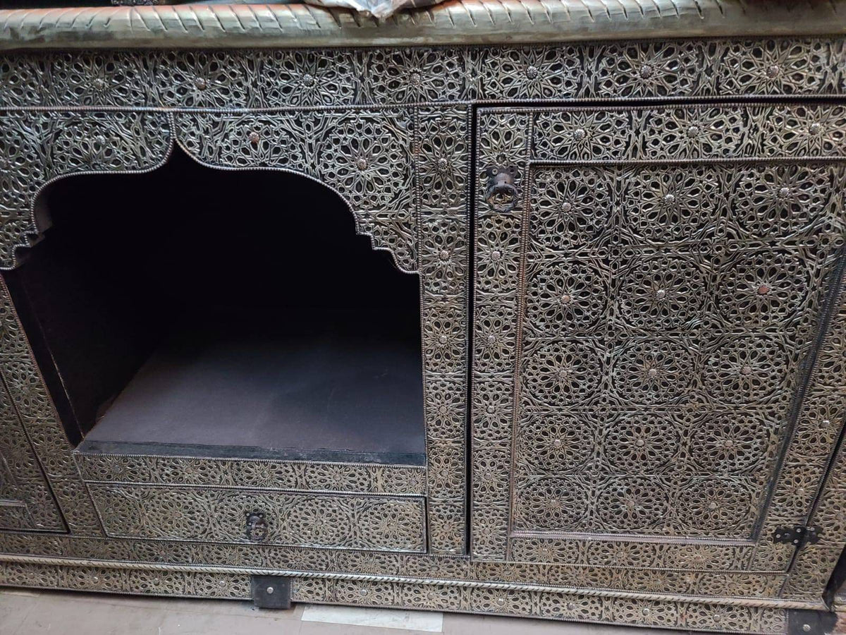 Handmade Moroccan Cabinet: Silver Metal & Wood, Buffet Furniture
