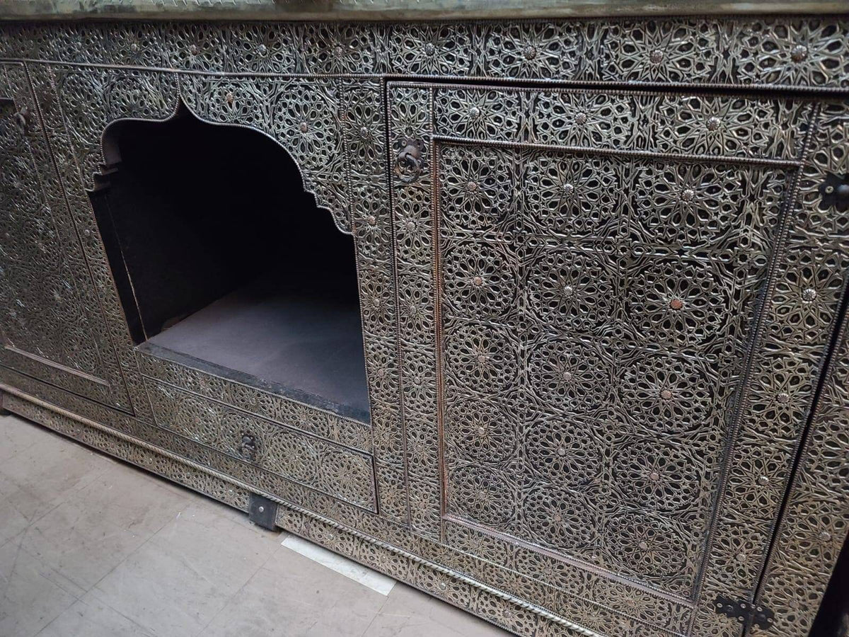 Handmade Moroccan Cabinet: Silver Metal & Wood, Buffet Furniture