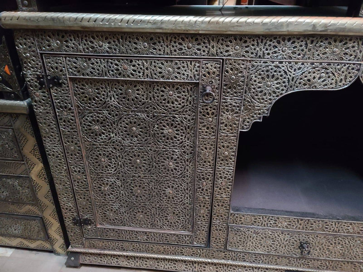 Handmade Moroccan Cabinet: Silver Metal & Wood, Buffet Furniture