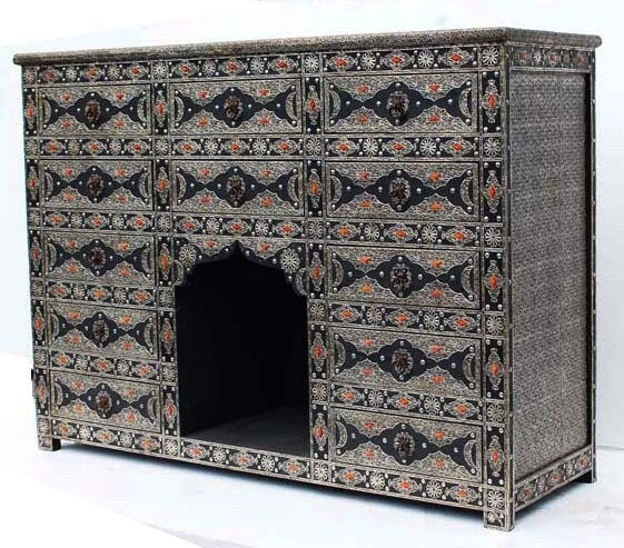 Handmade Moroccan Silver Metal 10-Drawer Cabinet: Ethnic Wood Buffet