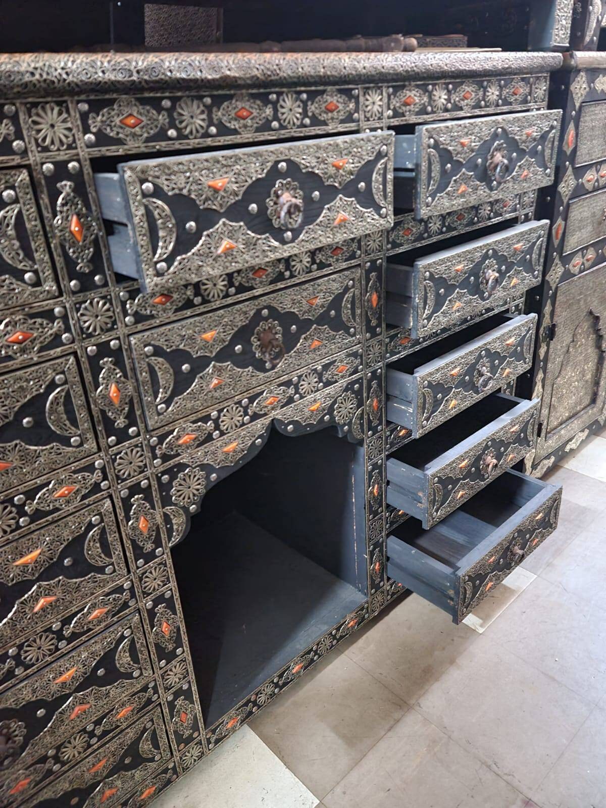 Handmade Moroccan Silver Metal 10-Drawer Cabinet: Ethnic Wood Buffet