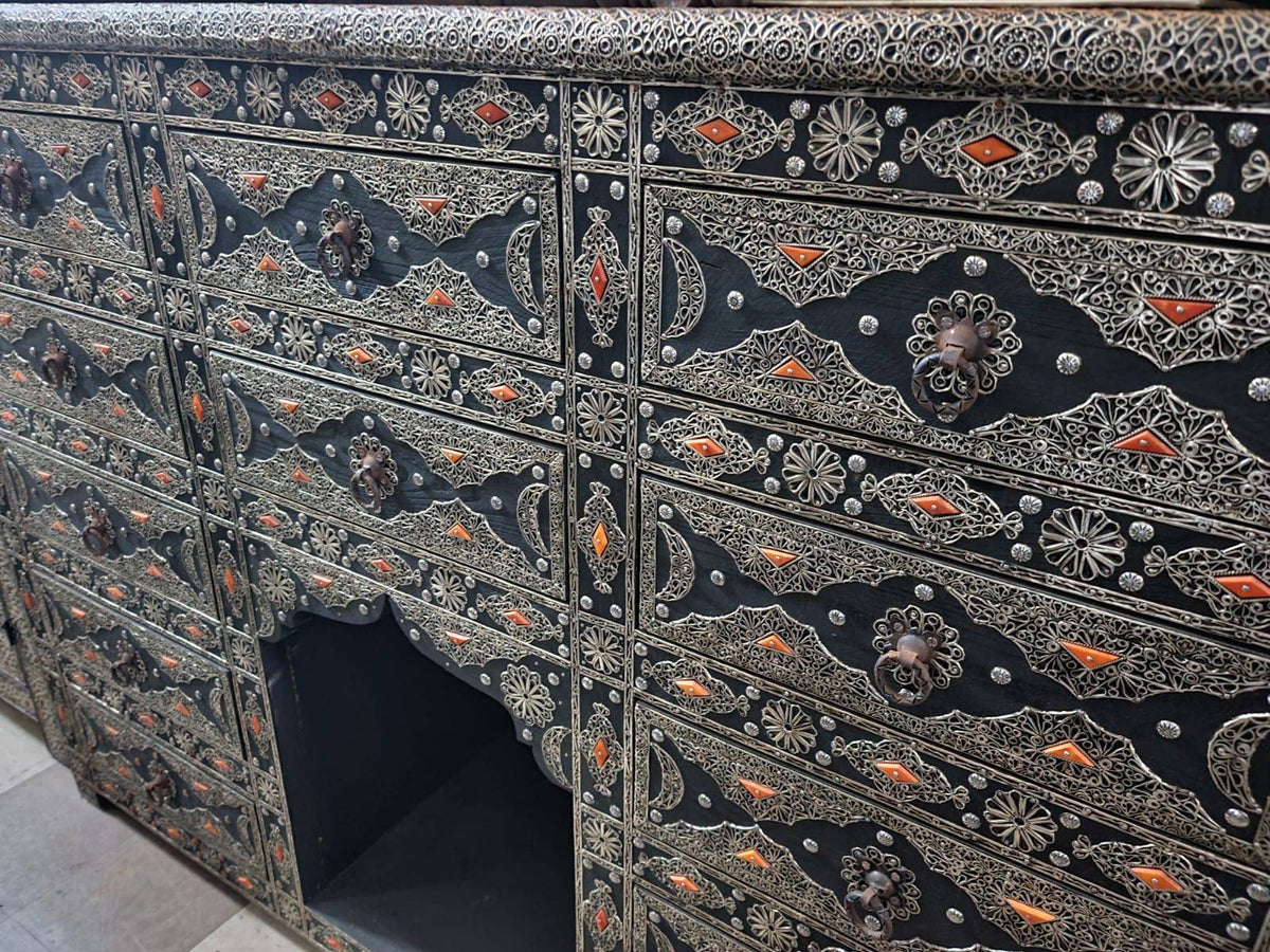 Handmade Moroccan Silver Metal 10-Drawer Cabinet: Ethnic Wood Buffet