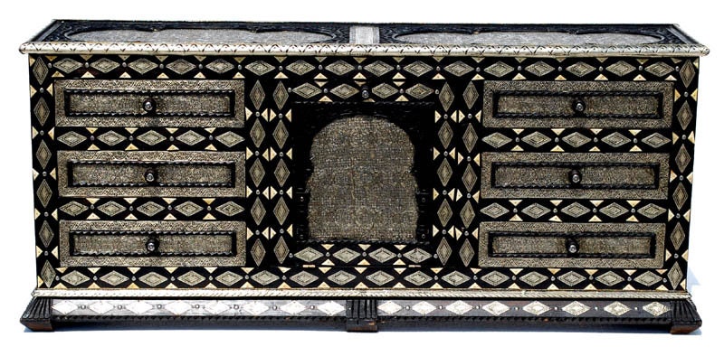 Handmade Moroccan Silver Metal Cabinet: Bone Inlay Buffet Furniture