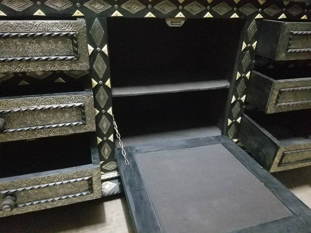 Moroccan Handmade Silver Metal Cabinet with Drawers - Eclectic Buffet Furniture