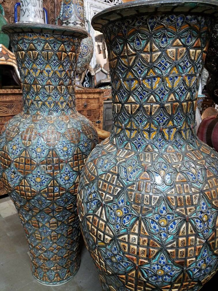 Large Vintage Moroccan Camel Bone Vases, Hammered Metal Inlay, 50" Pair