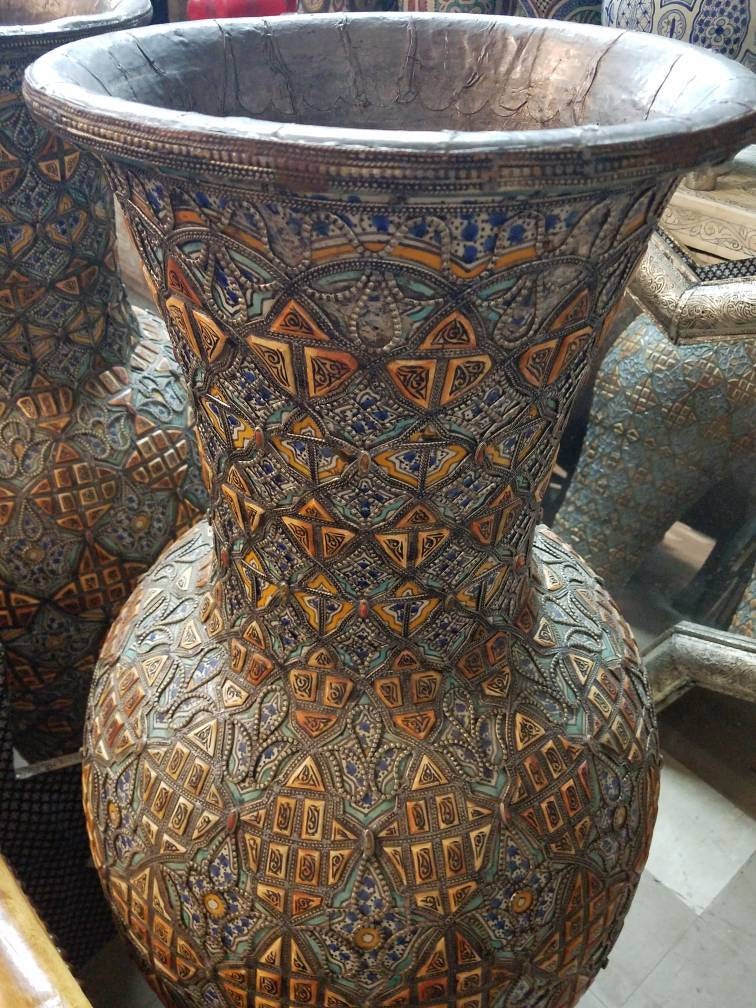 Large Vintage Moroccan Camel Bone Vases, Hammered Metal Inlay, 50" Pair