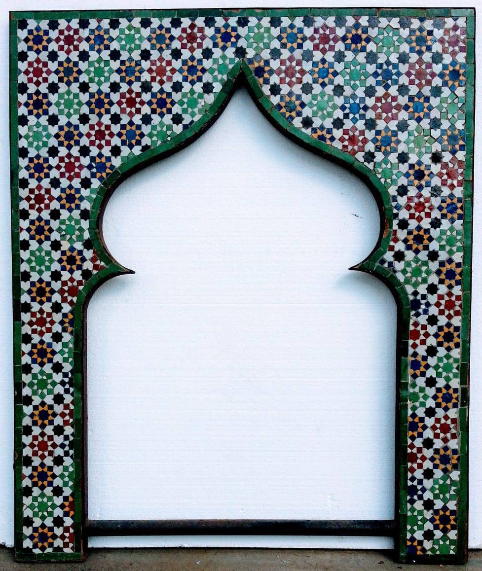 Vintage Moroccan Zellige Tile Fireplace Mural, Hand-Chiseled Clay Art (47x39)
