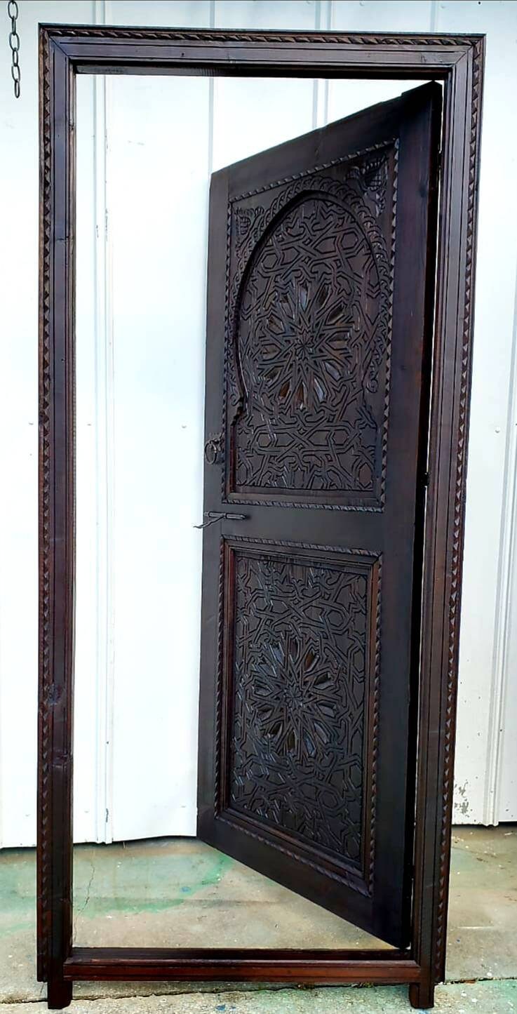 Hand Carved Moorish Door, Dark Brown Geometric Riad Woodwork (79x36)