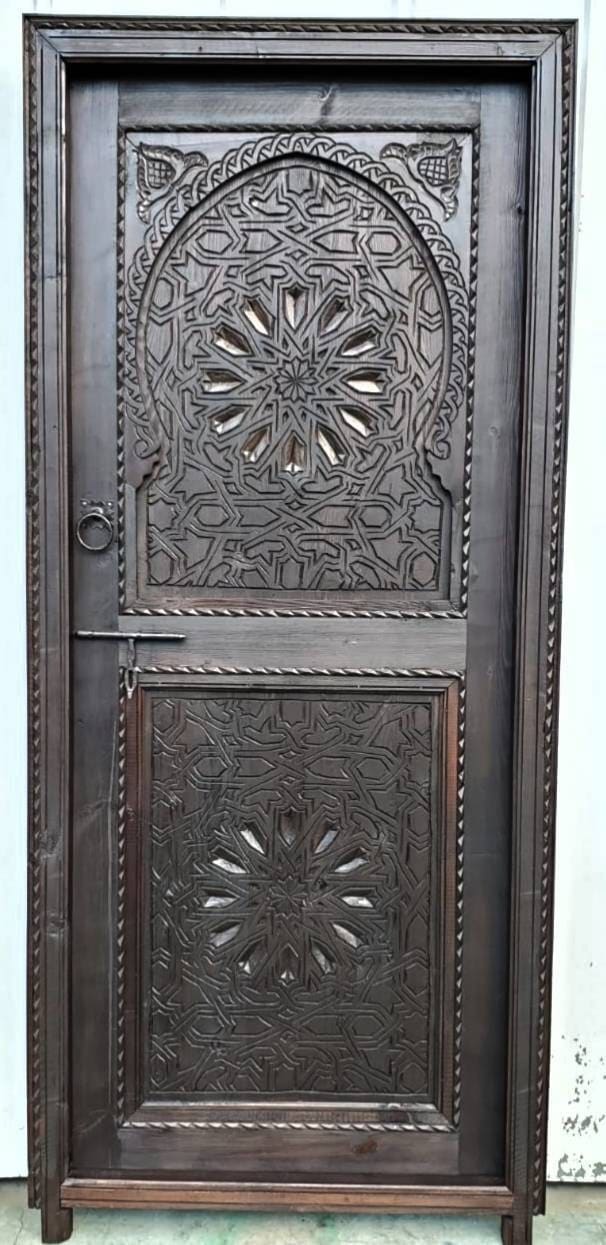 Hand Carved Moorish Door, Dark Brown Geometric Riad Woodwork (79x36)