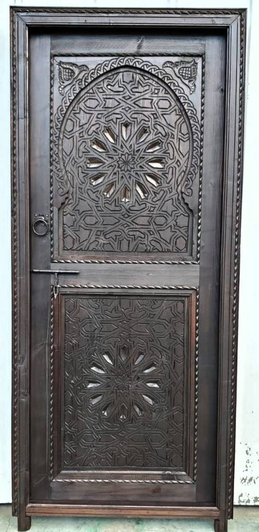 Hand Carved Moorish Door, Dark Brown Geometric Riad Woodwork (79x36)