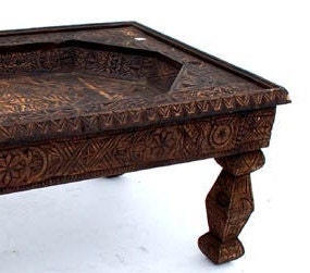 Hand Carved Cedar Moroccan Table, Berber Ethnic Style