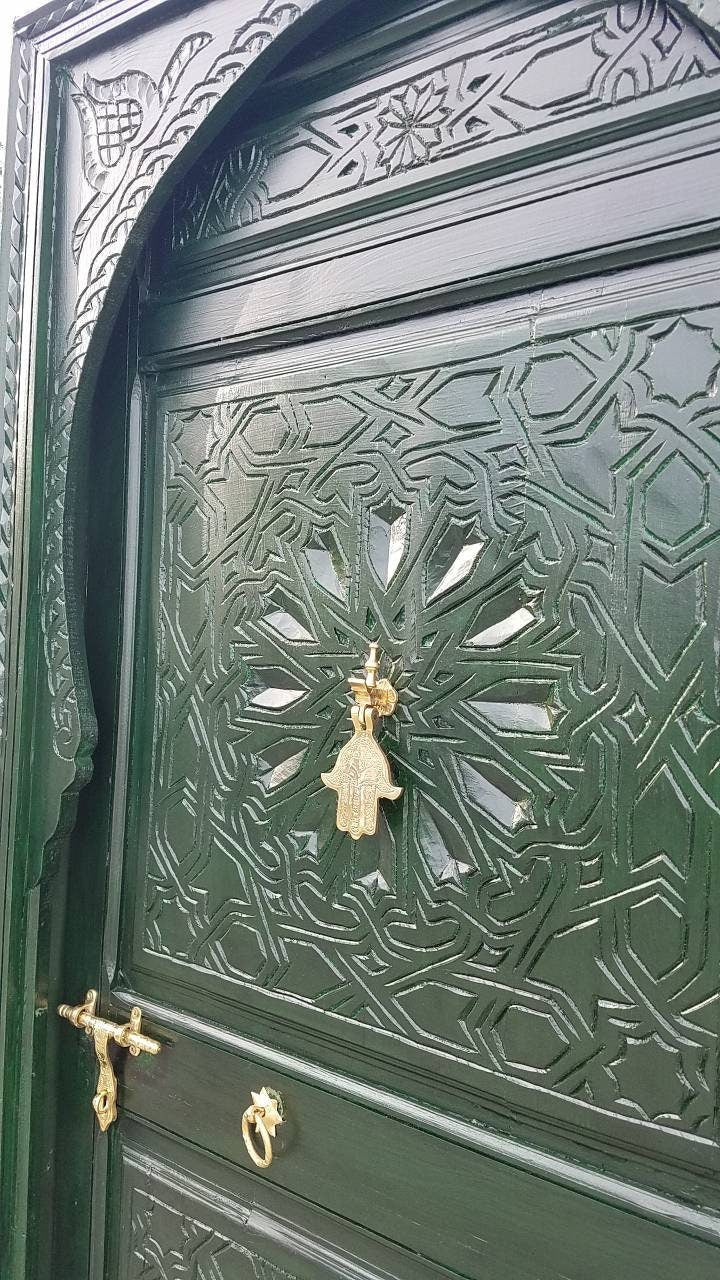 Handmade Hamsa Carved Wood Door, Dark Green Moroccan Moorish Style (79x35)