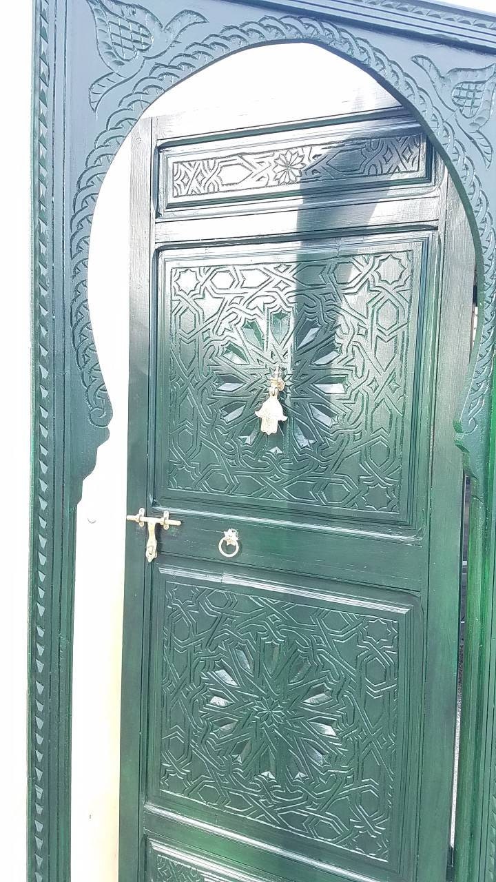 Handmade Hamsa Carved Wood Door, Dark Green Moroccan Moorish Style (79x35)
