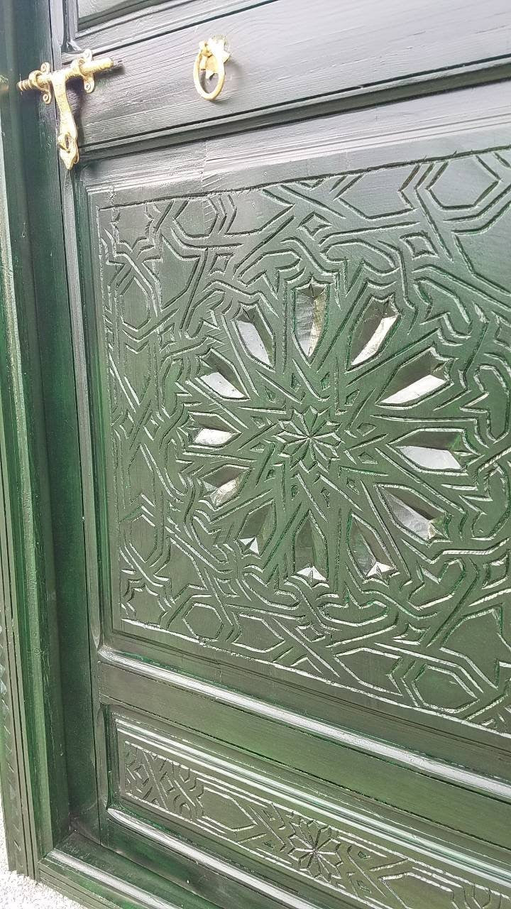Handmade Hamsa Carved Wood Door, Dark Green Moroccan Moorish Style (79x35)