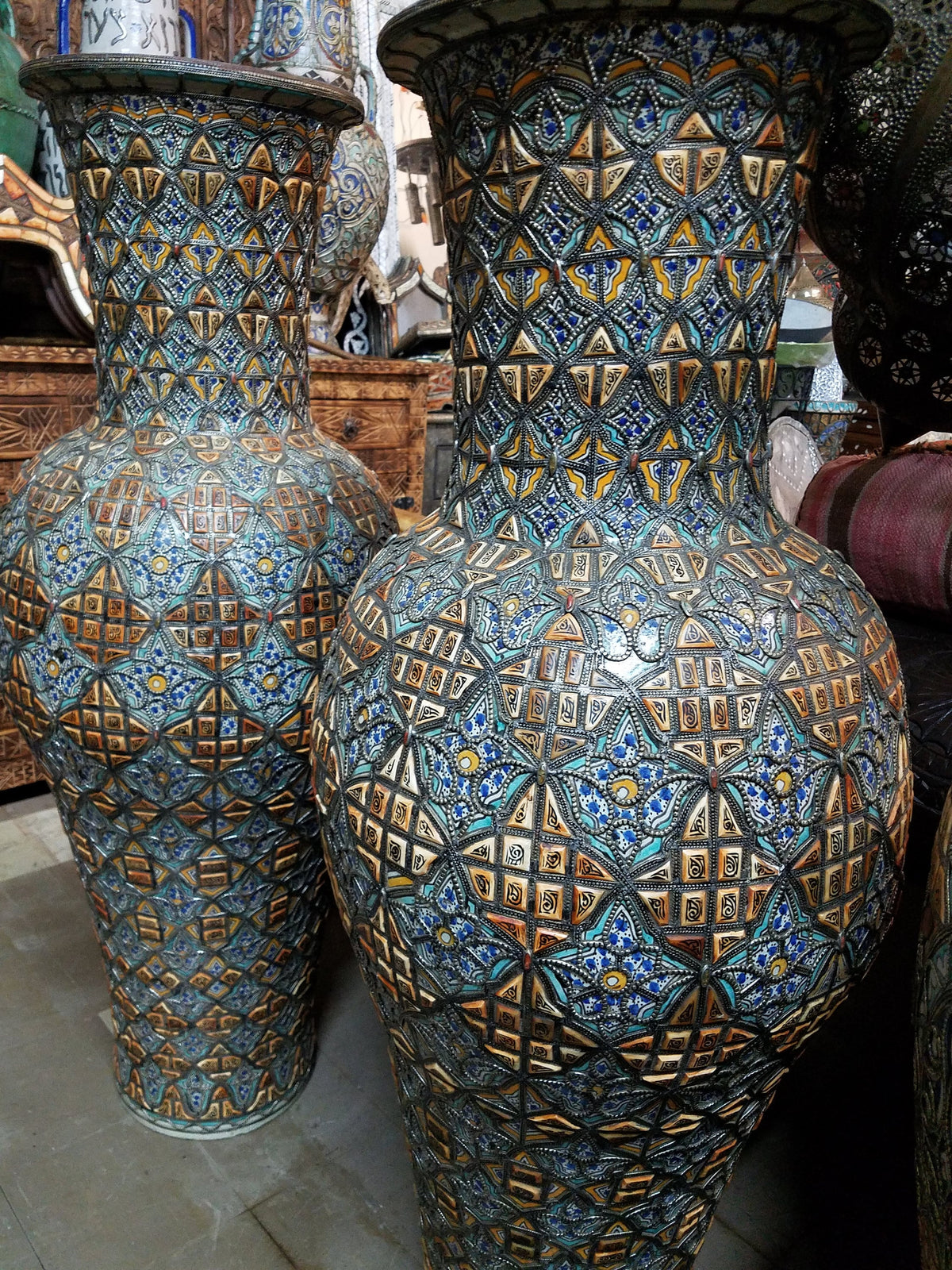 Large Vintage Moroccan Camel Bone Vases, Hammered Metal Inlay, 50" Pair