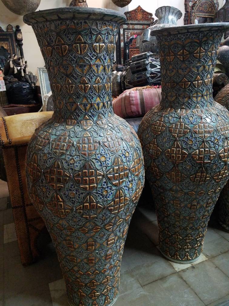 Large Vintage Moroccan Camel Bone Vases, Hammered Metal Inlay, 50" Pair