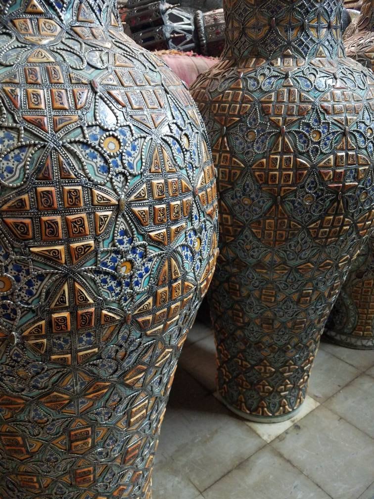 Large Vintage Moroccan Camel Bone Vases, Hammered Metal Inlay, 50" Pair