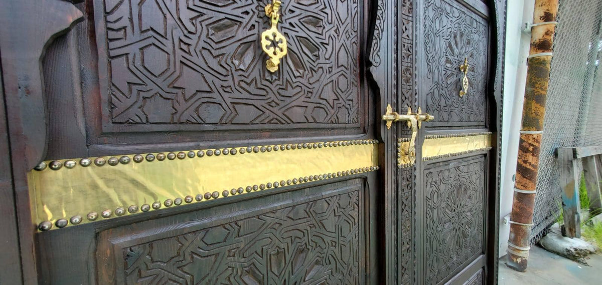 Handmade King Headboard Bed: Moroccan Carved Cedar Doors, Brass Knockers