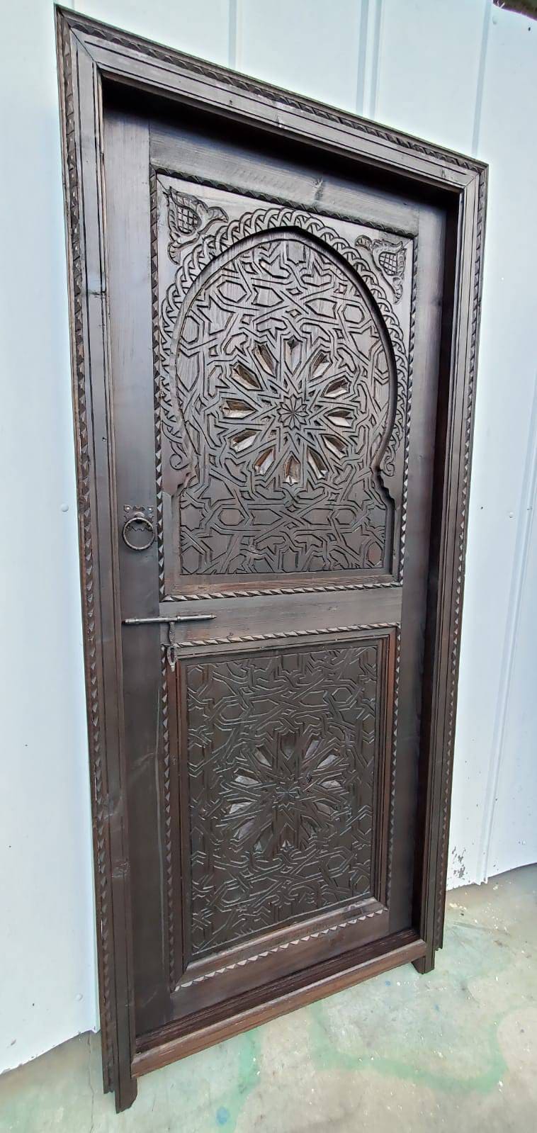 Hand Carved Moorish Door, Dark Brown Geometric Riad Woodwork (79x36)