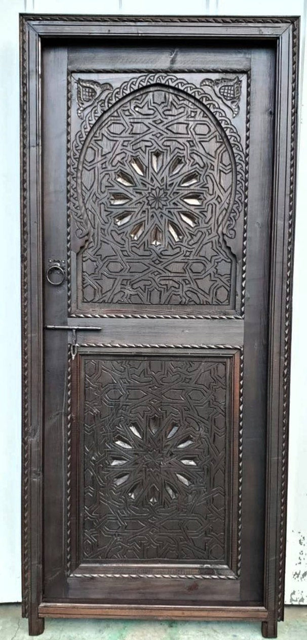 Hand Carved Moorish Door, Dark Brown Geometric Riad Woodwork (79x36)